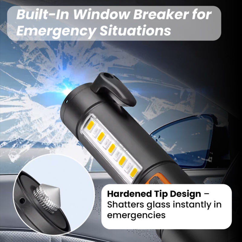 Pullox 2000 Lumen Tactical Flashlight – 6 Modes, Zoomable, Rechargeable LED Torch with Hammer, Seatbelt Cutter & Red Strobe for Car Emergency & Outdoor Adventures (800m Long Range)