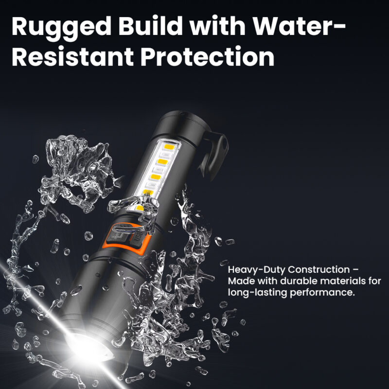 Pullox 2000 Lumen Tactical Flashlight – 6 Modes, Zoomable, Rechargeable LED Torch with Hammer, Seatbelt Cutter & Red Strobe for Car Emergency & Outdoor Adventures (800m Long Range)